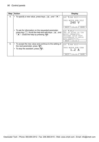 90 Control panels
4. • To specify a new value, press keys and .
• To ask for information on the requested parameter,
press key . Scroll the help text with keys and
. Close the help by pressing .
5. • To accept the new value and continue to the setting of
the next parameter, press .
• To stop the assistant, press .
Step Action Display
9905 MOTOR NOM VOLT
EXIT SAVE00:00
LOC PAR EDIT
240 V
?
EXIT
Set as given on the
motor nameplate.
Voltage value must
correspond to motor
D/Y connection.
EXIT 00:00
LOC HELP
SAVE
EXIT 9906 MOTOR NOM CURR
EXIT SAVE00:00
LOC PAR EDIT
1.2 A
Clearwater Tech - Phone: 800.894.0412 - Fax: 208.368.0415 - Web: www.clrwtr.com - Email: info@clrwtr.com
 