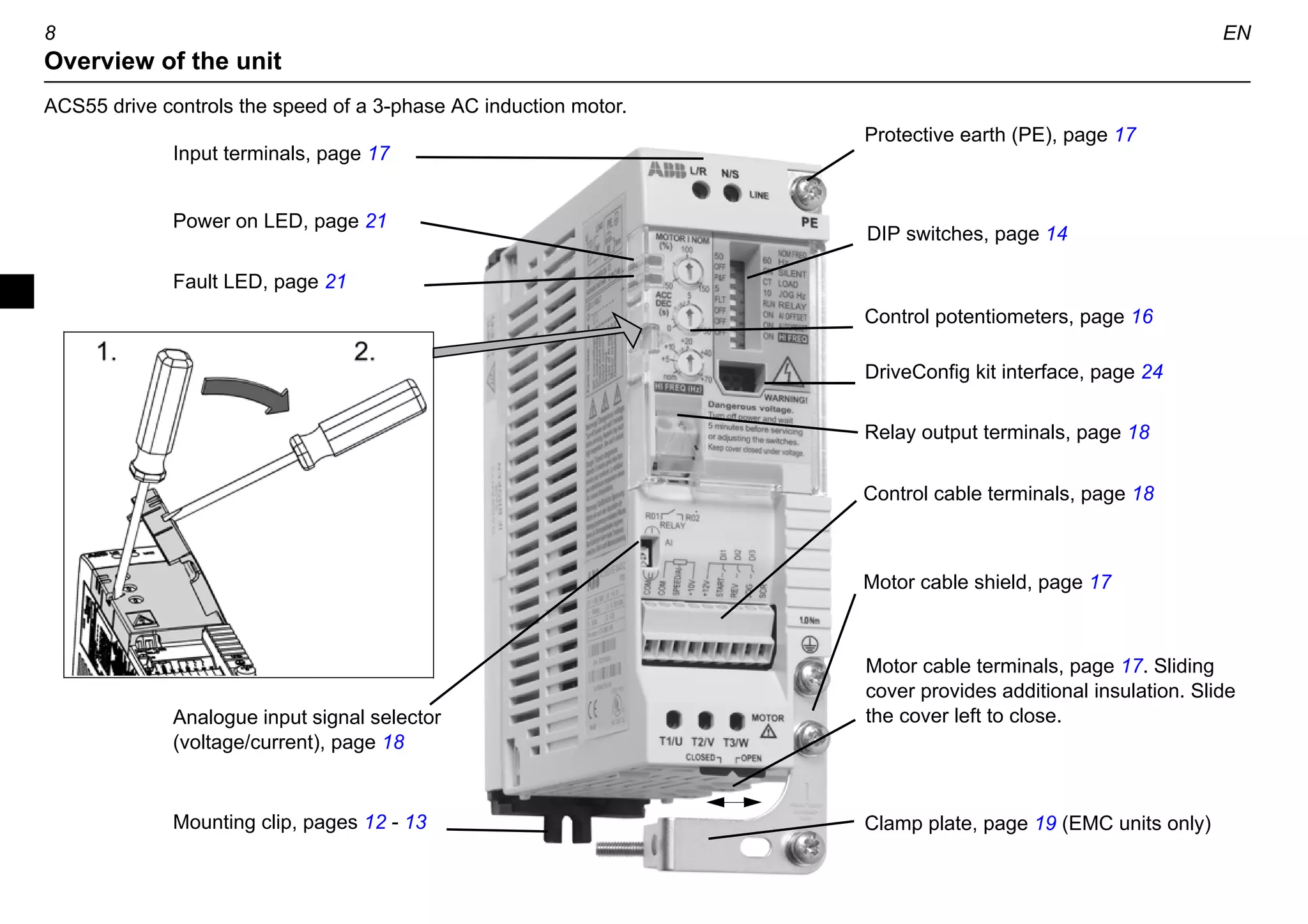 a 9
+]
 $
a 8
+]
$
5R+6
ACS55-01_-____-_
The delivery includes:
1. ACS55
2. User’s guide
3. Two clamps for the control cable (EMC units
only).
Check the rating plate and ensure that the
delivered device corresponds to the order.
EMC filter: E = Built in, N = No
Max. continuous output current (I2):
01A4 = 1.4 A, 02A2 = 2.2 A, 04A3 = 4.3 A,
07A6 = 7.6 A, 09A8 = 9.8 A
Supply voltage (U1):
1 = 110…120 VAC +10%/-15%
2 = 200…240 VAC +10%/-15%
Phone: 800.894.0412 - Fax: 888.723.4773 - Web: www.clrwtr.com - Email: info@clrwtr.com
 
