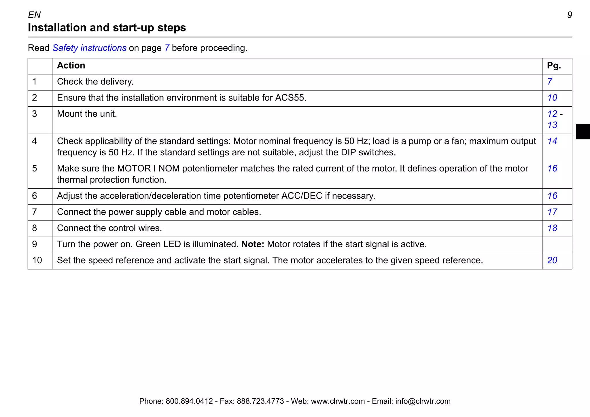 8 EN
Overview of the unit
ACS55 drive controls the speed of a 3-phase AC induction motor.
Input terminals, page 17
Power on LED, page 21
Fault LED, page 21
Control potentiometers, page 16
Analogue input signal selector
(voltage/current), page 18
Mounting clip, pages 12 - 13
Relay output terminals, page 18
Motor cable terminals, page 17. Sliding
cover provides additional insulation. Slide
the cover left to close.
Protective earth (PE), page 17
DIP switches, page 14
Control cable terminals, page 18
Clamp plate, page 19 (EMC units only)
Motor cable shield, page 17
DriveConfig kit interface, page 24
 