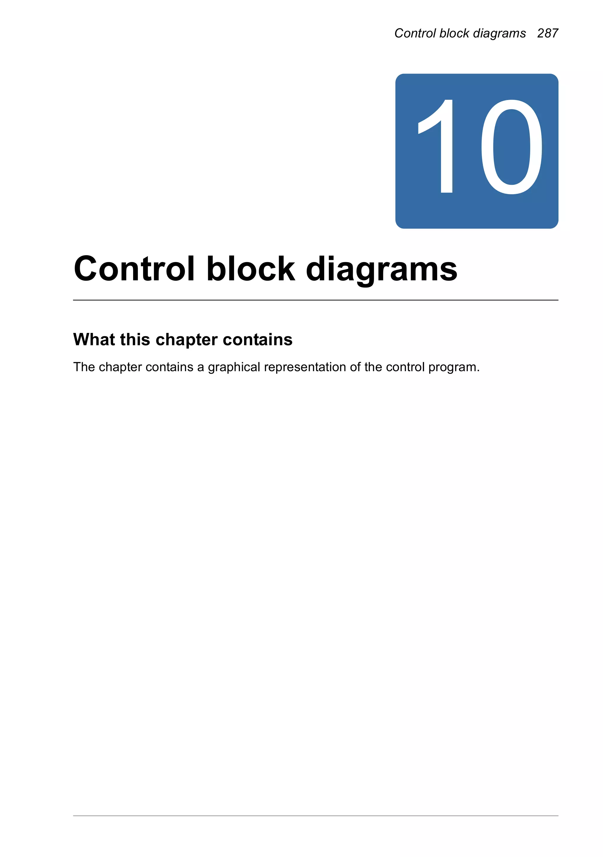 Control block diagrams 287
10
Control block diagrams
What this chapter contains
The chapter contains a graphical representation of the control program.
 