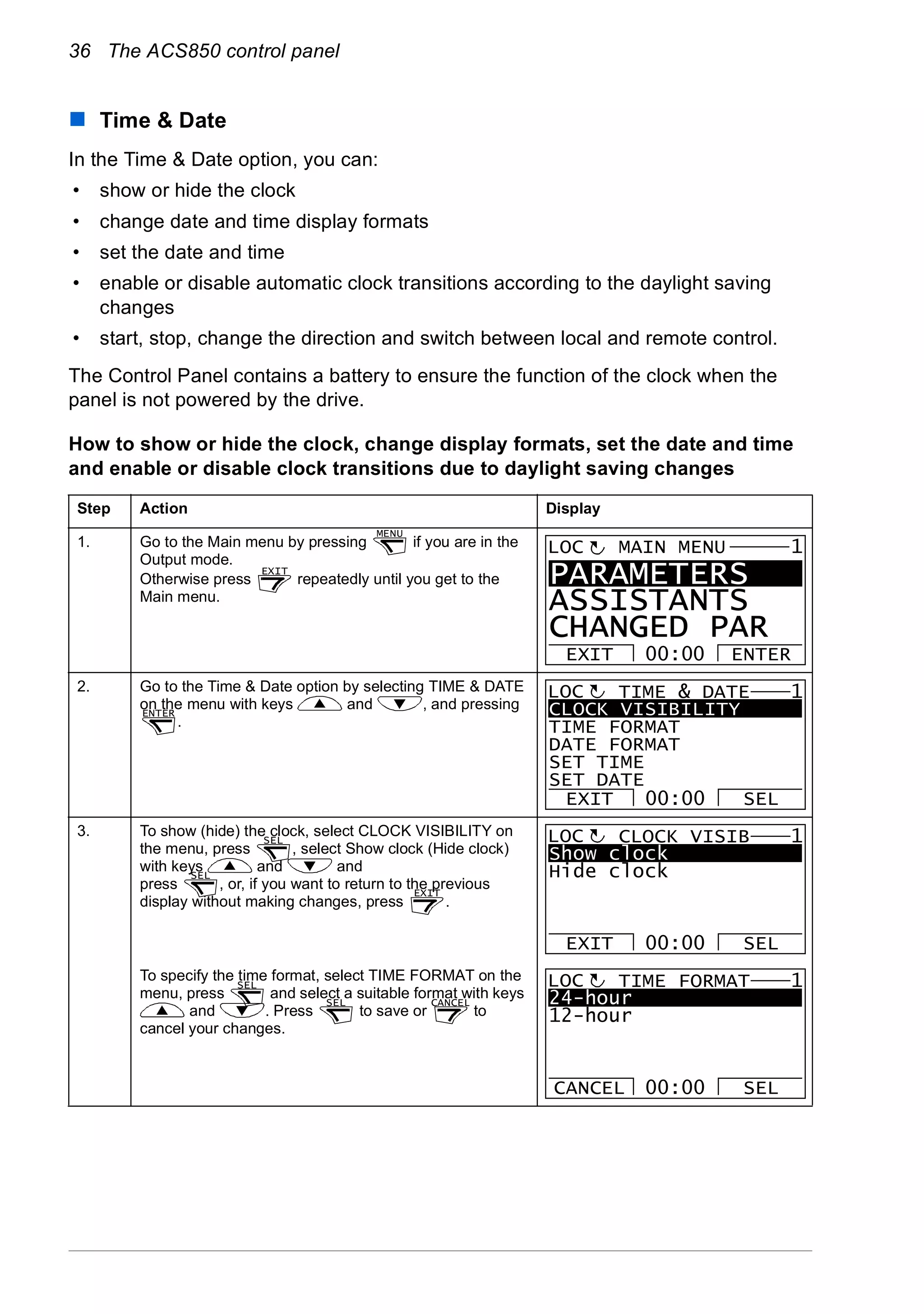 36 The ACS850 control panel
Time & Date
In the Time & Date option, you can:
• show or hide the clock
• change date and time display formats
• set the date and time
• enable or disable automatic clock transitions according to the daylight saving
changes
• start, stop, change the direction and switch between local and remote control.
The Control Panel contains a battery to ensure the function of the clock when the
panel is not powered by the drive.
How to show or hide the clock, change display formats, set the date and time
and enable or disable clock transitions due to daylight saving changes
Step Action Display
1. Go to the Main menu by pressing if you are in the
Output mode.
Otherwise press repeatedly until you get to the
Main menu.
2. Go to the Time & Date option by selecting TIME & DATE
on the menu with keys and , and pressing
.
3. To show (hide) the clock, select CLOCK VISIBILITY on
the menu, press , select Show clock (Hide clock)
with keys and and
press , or, if you want to return to the previous
display without making changes, press .
To specify the time format, select TIME FORMAT on the
menu, press and select a suitable format with keys
and . Press to save or to
cancel your changes.
MENU
EXIT
PARAMETERS
ASSISTANTS
CHANGED PAR
EXIT ENTER00:00
MAIN MENU 1LOC
ENTER CLOCK VISIBILITY
TIME FORMAT
DATE FORMAT
SET TIME
SET DATE
EXIT SEL00:00
TIME & DATE 1LOC
SEL
SEL
EXIT
Show clock
Hide clock
EXIT SEL00:00
CLOCK VISIB 1LOC
SEL
SEL CANCEL 24-hour
12-hour
CANCEL SEL00:00
TIME FORMAT 1LOC
 