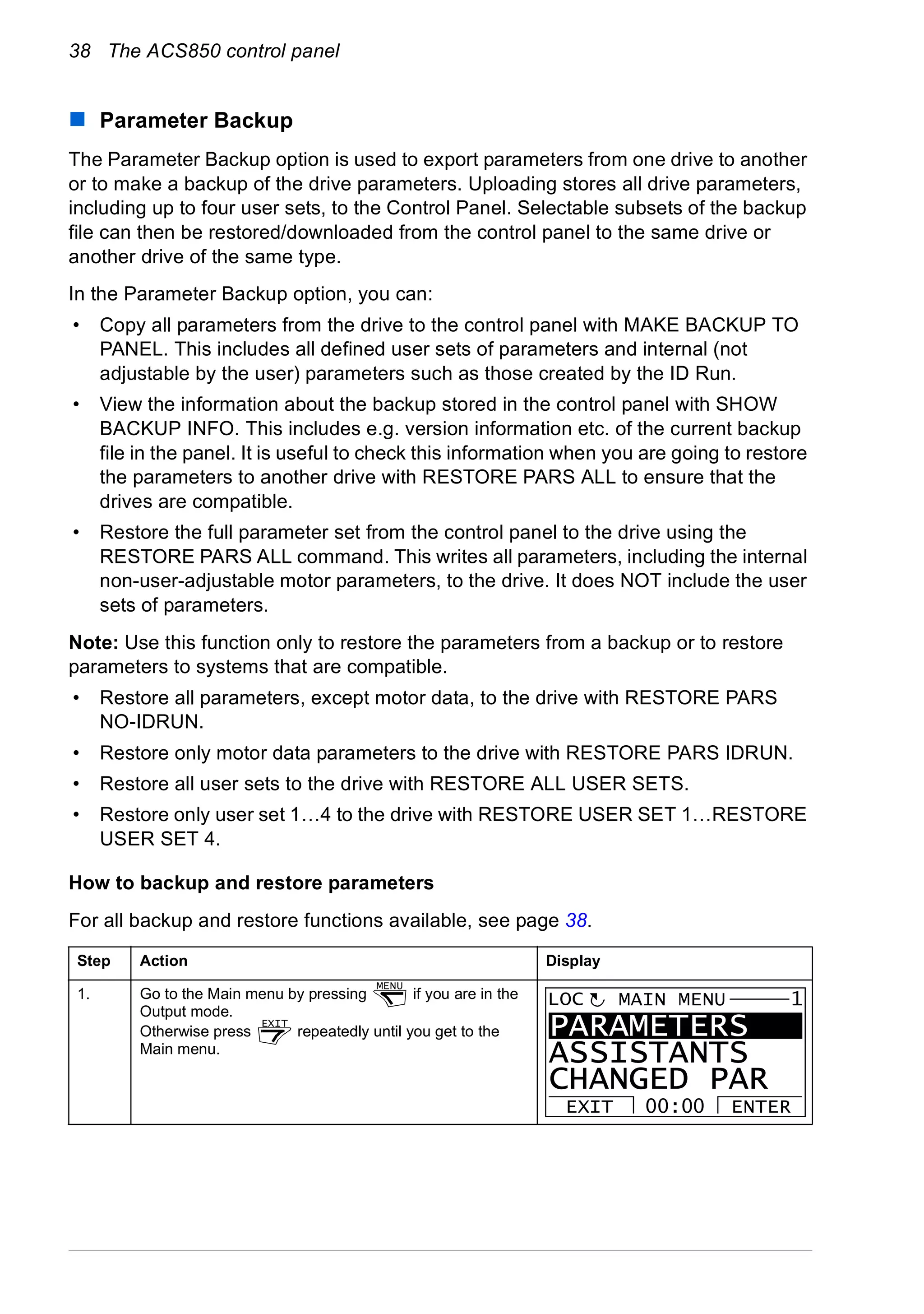 38 The ACS850 control panel
Parameter Backup
The Parameter Backup option is used to export parameters from one drive to another
or to make a backup of the drive parameters. Uploading stores all drive parameters,
including up to four user sets, to the Control Panel. Selectable subsets of the backup
file can then be restored/downloaded from the control panel to the same drive or
another drive of the same type.
In the Parameter Backup option, you can:
• Copy all parameters from the drive to the control panel with MAKE BACKUP TO
PANEL. This includes all defined user sets of parameters and internal (not
adjustable by the user) parameters such as those created by the ID Run.
• View the information about the backup stored in the control panel with SHOW
BACKUP INFO. This includes e.g. version information etc. of the current backup
file in the panel. It is useful to check this information when you are going to restore
the parameters to another drive with RESTORE PARS ALL to ensure that the
drives are compatible.
• Restore the full parameter set from the control panel to the drive using the
RESTORE PARS ALL command. This writes all parameters, including the internal
non-user-adjustable motor parameters, to the drive. It does NOT include the user
sets of parameters.
Note: Use this function only to restore the parameters from a backup or to restore
parameters to systems that are compatible.
• Restore all parameters, except motor data, to the drive with RESTORE PARS
NO-IDRUN.
• Restore only motor data parameters to the drive with RESTORE PARS IDRUN.
• Restore all user sets to the drive with RESTORE ALL USER SETS.
• Restore only user set 1…4 to the drive with RESTORE USER SET 1…RESTORE
USER SET 4.
How to backup and restore parameters
For all backup and restore functions available, see page 38.
Step Action Display
1. Go to the Main menu by pressing if you are in the
Output mode.
Otherwise press repeatedly until you get to the
Main menu.
MENU
EXIT
PARAMETERS
ASSISTANTS
CHANGED PAR
EXIT ENTER00:00
MAIN MENU 1LOC
 
