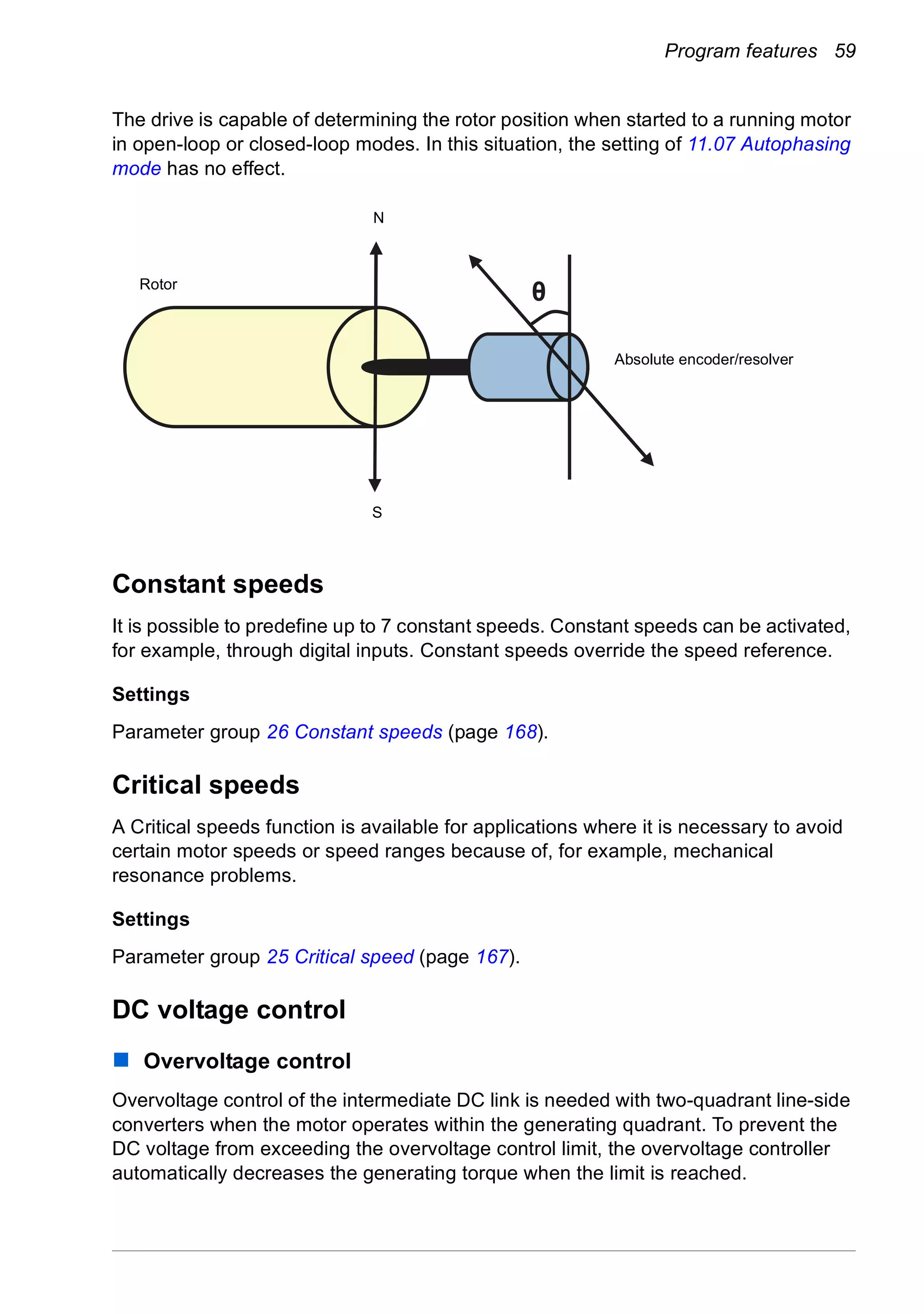 Program features 59
The drive is capable of determining the rotor position when started to a running motor
in open-loop or closed-loop modes. In this situation, the setting of 11.07 Autophasing
mode has no effect.
Constant speeds
It is possible to predefine up to 7 constant speeds. Constant speeds can be activated,
for example, through digital inputs. Constant speeds override the speed reference.
Settings
Parameter group 26 Constant speeds (page 168).
Critical speeds
A Critical speeds function is available for applications where it is necessary to avoid
certain motor speeds or speed ranges because of, for example, mechanical
resonance problems.
Settings
Parameter group 25 Critical speed (page 167).
DC voltage control
Overvoltage control
Overvoltage control of the intermediate DC link is needed with two-quadrant line-side
converters when the motor operates within the generating quadrant. To prevent the
DC voltage from exceeding the overvoltage control limit, the overvoltage controller
automatically decreases the generating torque when the limit is reached.
Absolute encoder/resolver
Rotor
N
S
 