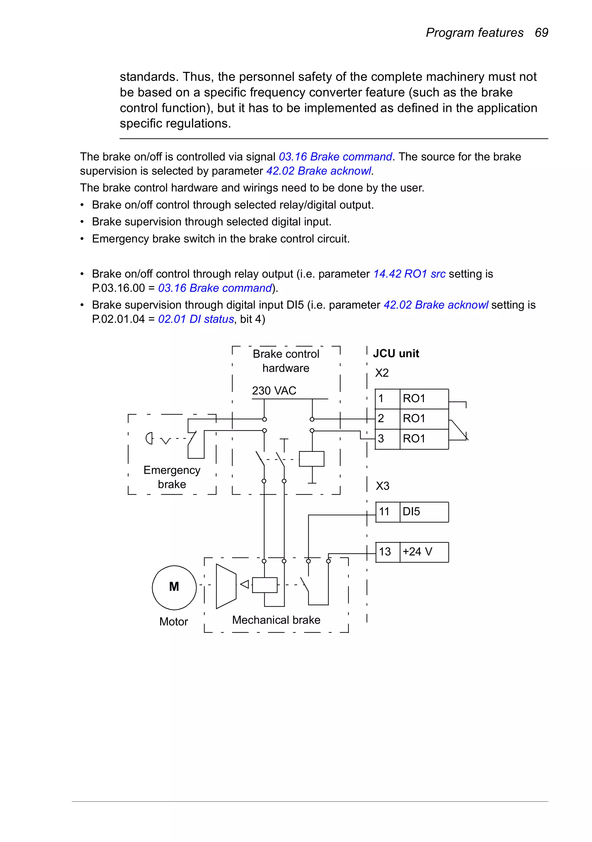 Program features 69
standards. Thus, the personnel safety of the complete machinery must not
be based on a specific frequency converter feature (such as the brake
control function), but it has to be implemented as defined in the application
specific regulations.
Motor
M
230 VAC
JCU unit
Mechanical brake
Brake control
hardware
Emergency
brake
X2
1 RO1
2 RO1
3 RO1
X3
11 DI5
13 +24 V
The brake on/off is controlled via signal 03.16 Brake command. The source for the brake
supervision is selected by parameter 42.02 Brake acknowl.
The brake control hardware and wirings need to be done by the user.
• Brake on/off control through selected relay/digital output.
• Brake supervision through selected digital input.
• Emergency brake switch in the brake control circuit.
• Brake on/off control through relay output (i.e. parameter 14.42 RO1 src setting is
P.03.16.00 = 03.16 Brake command).
• Brake supervision through digital input DI5 (i.e. parameter 42.02 Brake acknowl setting is
P.02.01.04 = 02.01 DI status, bit 4)
 