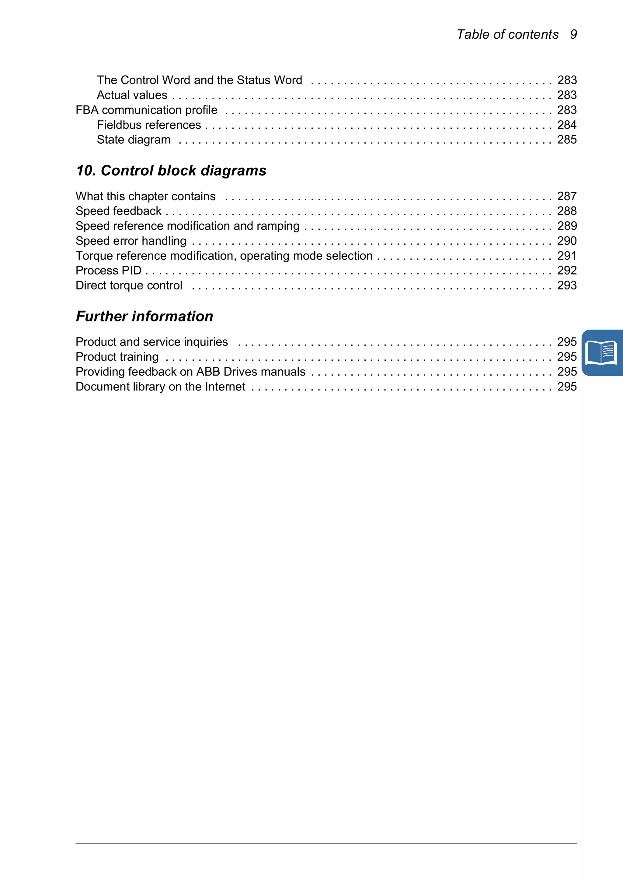 Table of contents 9
The Control Word and the Status Word . . . . . . . . . . . . . . . . . . . . . . . . . . . . . . . . . . . . . 283
Actual values . . . . . . . . . . . . . . . . . . . . . . . . . . . . . . . . . . . . . . . . . . . . . . . . . . . . . . . . . . 283
FBA communication profile . . . . . . . . . . . . . . . . . . . . . . . . . . . . . . . . . . . . . . . . . . . . . . . . . . 283
Fieldbus references . . . . . . . . . . . . . . . . . . . . . . . . . . . . . . . . . . . . . . . . . . . . . . . . . . . . . 284
State diagram . . . . . . . . . . . . . . . . . . . . . . . . . . . . . . . . . . . . . . . . . . . . . . . . . . . . . . . . . 285
10. Control block diagrams
What this chapter contains . . . . . . . . . . . . . . . . . . . . . . . . . . . . . . . . . . . . . . . . . . . . . . . . . . 287
Speed feedback . . . . . . . . . . . . . . . . . . . . . . . . . . . . . . . . . . . . . . . . . . . . . . . . . . . . . . . . . . . 288
Speed reference modification and ramping . . . . . . . . . . . . . . . . . . . . . . . . . . . . . . . . . . . . . . 289
Speed error handling . . . . . . . . . . . . . . . . . . . . . . . . . . . . . . . . . . . . . . . . . . . . . . . . . . . . . . . 290
Torque reference modification, operating mode selection . . . . . . . . . . . . . . . . . . . . . . . . . . . 291
Process PID . . . . . . . . . . . . . . . . . . . . . . . . . . . . . . . . . . . . . . . . . . . . . . . . . . . . . . . . . . . . . . 292
Direct torque control . . . . . . . . . . . . . . . . . . . . . . . . . . . . . . . . . . . . . . . . . . . . . . . . . . . . . . . 293
Further information
Product and service inquiries . . . . . . . . . . . . . . . . . . . . . . . . . . . . . . . . . . . . . . . . . . . . . . . . 295
Product training . . . . . . . . . . . . . . . . . . . . . . . . . . . . . . . . . . . . . . . . . . . . . . . . . . . . . . . . . . . 295
Providing feedback on ABB Drives manuals . . . . . . . . . . . . . . . . . . . . . . . . . . . . . . . . . . . . . 295
Document library on the Internet . . . . . . . . . . . . . . . . . . . . . . . . . . . . . . . . . . . . . . . . . . . . . . 295
 
