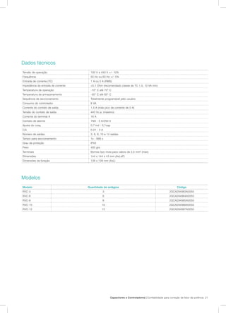 Capacitores e Controladores | Confiabilidade para correção de fator de potência 21
Dados técnicos
Tensão de operação 100 V a 440 V +/- 10%
Frequência 50 Hz ou 60 Hz +/- 5%
Entrada de corrente (TC) 1 A ou 5 A (RMS)
Impedância da entrada de corrente <0.1 Ohm (recomendado classe de TC 1.0, 10 VA min)
Temperatura de operação -10° C até 70° C
Temperatura de armazenamento -30° C até 85° C
Sequência de seccionamento Totalmente programável pelo usuário
Consumo do controlador 8 VA
Corrente do contato de saída 1,5 A (máx pico de corrente de 5 A)
Tensão do contato de saída 440 Vc.a. (máximo)
Corrente do terminal A 16 A
Contato de alarme 1NA - 5 A/250 V
Ajuste do cosϕ 0,7 ind - 0,7cap
C/k 0.01 - 3 A
Número de saídas 3, 6, 8, 10 e 12 saídas
Tempo para seccionamento 1s - 999 s
Grau de proteção IP43
Peso 400 grs
Terminais Bornes tipo mola para cabos de 2,5 mm² (máx)
Dimensões 144 x 144 x 43 mm (AxLxP)
Dimensões da furação 138 x 138 mm (AxL)
Modelos
Modelo Quantidade de estágios Código
RVC-3 3 2GCA294983A0050
RVC-6 6 2GCA294984A0050
RVC-8 8 2GCA294985A0050
RVC-10 10 2GCA294986A0050
RVC-12 12 2GCA294987A0050
 