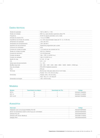 Capacitores e Controladores | Confiabilidade para correção de fator de potência 23
Dados técnicos
Tensão de operação 100 V a 460 V +/- 10%
Tensão de medição 690 Vc.a. (para tensões superiores utilizar TP)
Frequência 45-65 Hz (ajuste automático com a rede)
Entrada de corrente (TC) 1 A ou 5 A (RMS)
Impedância da entrada de corrente <0.1 Ohm (recomendado classe de TC 1.0, 10 VA min)
Temperatura de operação -20°C até 70°C
Temperatura de armazenamento -30°C até 85°C
Sequência de seccionamento Totalmente programável pelo usuário
Consumo do controlador 8 VA
Corrente do contato de saída 1,5 A (máx pico de corrente de 5 A)
Tensão do contato de saída 440 Vc.a. (máximo)
Corrente do terminal A 18 A (9 A/terminal)
Contato de alarme 1NA + 1NF (1,5 A/250 Vc.a.)
Contato do ventilador 1NA (1,5 A/250 Vc.a.)
Ajuste do cosϕ 0,7 ind - 0,7 cap
C/k 0.01 - 5 A
tempo para de seccionamento 1s - 18 h
ModBus baud rate 300 - 600 - 1200 - 2400 - 4800 - 9600 - 19200 - 38400 – 57600 bps
Grau de proteção IP43 (IP54 mediante acessório)
Peso 650 grs
Terminais Bornes tipo mola para cabos de 2,5 mm² (máx)
Frontal: 144 x 144 x 80 mm (AxL)
Dimensões Traseira: 205 x 135 mm (AxL)
Total: 146 x 211 x 67 (AxLxP)
Dimensões da furação 138 x 138 mm (AxL)
Modelos
Acessórios
Modelo Quantidade de estágios Quantidade de TCs Código
RVT-6 6 1 2GCA291720A0050
RVT-12 12 1 2GCA291721A0050
RVT-12-3P 12 3 2GCA291722A0050
Descrição Código
Adaptador para comunicação ModBus RS-485 2GCA291880A0050
Sensor de temperatura externo (máx 8 pçs por controlador) 2GCA291864A0050
Software PQ Link 2GCA292820A0050
Software OPC Server (Modbus) 2GCA286141A0050
Vedação IP54 2GCA292040A0050
 