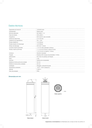 Capacitores e Controladores | Confiabilidade para correção de fator de potência 9
Dados técnicos
Expectativa de vida útil 130.000 horas
Impregnação Resina seca
Normas aplicáveis IEC 60831-1/-2
Faixa de tensão 220 a 600 V
Frequência 60 Hz (50 hz sob consulta)
Potências disponíveis 2,5 a 30 kvar
Tolerância da capacitância 0% + 10%
Perdas (dielétrico) <0,2 W/kvar
Perdas (resistor de descarga) <0,3 W/kvar
Tempo de descarga 50 V em 1 minuto
Corrente máxima permitida 1,3 x Icn para operação contínua
Tensão máxima permitida 1,1 x Un por 8 horas a cada 24 horas
1,3 x Un por no máximo 1 minuto
Invólucro Alumínio reciclável
Fixação Parafuso M12 (torque recomendado: 10 Nm)
Aterramento Por meio do parafuso de fixação
Peso 3 kg
Terminal Sistema de compressão
Distância mínima acima da unidade 20 mm
Distância mínima entre unidades 30 mm
Instalação Abrigada, vertical/horizontal
Temperatura ambiente -25°C / +55°C (Classe D)
Altitude 2.000 m
Grau de proteção IP20
Dimensões em mm
Visão lateral
Visão superior
Visão frontal
401
368
Ø M12
16
44
Ø 90
Ø 94
 