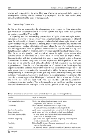 220                                                      Empir Software Eng (2006) 11: 203–225


change and responsibility to work. One way of creating such an attitude change is
management training. Further, successful pilot projects, like the ones studied, may
provide evidence for the gains of the approach.


6.6. Contrasting Comparison

In this section we summarize the observations with respect to three contrasting
perspectives on the observations in the study; agile vs. non-agile teams, management
vs. engineers, and EMW vs. ABB.
   Comparing the ﬁrst contrasting perspectives of agile versus non-agile teams,
summarized in Table 6, we can identify that the gate model is in practice not adhered
to on the technical level, but this is accepted and worked with in the agile situation and
ignored in the non-agile situation. Similarly, the need for documents and information
are continuously worked with in the agile case, where the cost of creating documents
becomes apparent as these are planned and scheduled as regular tasks, making cost/
beneﬁt analysis and direct prioritization between different types of activities possible.
The focus on the product and technical issues in agile teams means that
communication is performed on a lower level of detail than in regular teams.
Communication with the world outside the team is more limited in the agile cases
compared to the teams using their previous approaches. This is positive in that the
team can get on with the work at hand undisturbed, but negative in that the team
appears isolated from the rest of the organization. Communication issues regarding
dependencies arise and must be solved by other means than in the non-agile case. The
agile teams, however, perceive the communication within the group as much better
than previously in their non-agile teams, partially due to pair-programming and team
isolation. The iteration frequency is much higher in the agile teams, even compared to
other incremental approaches. This is perceived as effective as it increases feedback
and keeps the team on track with both the schedule and the stakeholders_
requirements on the product. The agile teams have no problems handling changes
in requirements whereas non-agile teams have to go back to the early stages of the



Table 6 Summary of observations on the contrasts between agile and non-agile teams

Finding                        Agile vs. non-agile

Gate model adherence           Model not adhered to in any case. Agile team
                                 emphasises need for more ﬂexibility.
Documents                      More informal documents used in agile teams.
                                 Document writing planned as normal agile tasks.
Level of abstraction           Agile teams communicate on a lower level of abstraction.
Team isolation                 Agile teams work, for good and for bad, more isolated.
Internal communication         The agile teams perceive the internal communication
                                 better than in non-agile teams.
Iteration frequency            Agile teams have higher iteration frequency, also compared
                                 to other incremental approaches.
Flexibility                    Being ﬂexible to e.g., changing requirements is an integrated
                                 part of the agile teams.
Quality                        The resulting product quality is considered better for agile teams.

      Springer
 