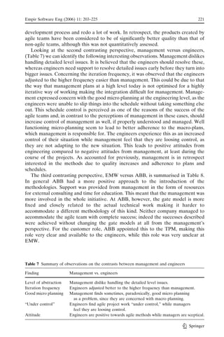 Empir Software Eng (2006) 11: 203–225                                                        221


development process and redo a lot of work. In retrospect, the products created by
agile teams have been considered to be of signiﬁcantly better quality than that of
non-agile teams, although this was not quantitatively assessed.
   Looking at the second contrasting perspective, management versus engineers,
(Table 7) we can identify the following interesting observations. Management dislikes
handling detailed level issues. It is believed that the engineers should resolve these,
whereas engineers need support to resolve detailed issues early before they turn into
bigger issues. Concerning the iteration frequency, it was observed that the engineers
adjusted to the higher frequency easier than management. This could be due to that
the way that management plans at a high level today is not optimised for a highly
iterative way of working making the integration difﬁcult for management. Manage-
ment expressed concern with the good micro planning at the engineering level, as the
engineers were unable to slip things into the schedule without taking something else
out. This schedule control is perceived as one of the reasons of the success of the
agile teams and, in contrast to the perceptions of management in these cases, should
increase control of management as well, if properly understood and managed. Well
functioning micro-planning seem to lead to better adherence to the macro-plans,
which management is responsible for. The engineers experience this as an increased
control of their situation while management feel that they are loosing control, as
they are not adapting to the new situation. This leads to positive attitudes from
engineering compared to negative attitudes from management, at least during the
course of the projects. As accounted for previously, management is in retrospect
interested in the methods due to quality increases and adherence to plans and
schedules.
   The third contrasting perspective, EMW versus ABB, is summarised in Table 8.
In general ABB had a more positive approach to the introduction of the
methodologies. Support was provided from management in the form of resources
for external consulting and time for education. This meant that the management was
more involved in the whole initiative. At ABB, however, the gate model is more
ﬁxed and closely related to the actual technical work making it harder to
accommodate a different methodology of this kind. Neither company managed to
accommodate the agile team with complete success; indeed the successes described
were achieved without changing the gate models at all from the management’s
perspective. For the customer role, ABB appointed this to the TPM, making this
role very clear and available to the engineers, while this role was very unclear at
EMW.



Table 7 Summary of observations on the contrasts between management and engineers

Finding                Management vs. engineers

Level of abstraction   Management dislike handling the detailed level issues.
Iteration frequency    Engineers adjusted better to the higher frequency than management.
Good micro planning    Management ﬁnds sometimes, paradoxically, good micro planning
                         as a problem, since they are concerned with macro planning.
BUnder control’’       Engineers ﬁnd agile project work Bunder control,’’ while managers
                         feel they are loosing control.
Attitude               Engineers are positive towards agile methods while managers are sceptical.

                                                                                        Springer
 