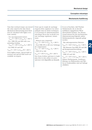 Mechanical design


                                                                                                  Conception mécanique


                                                                                                Mechanische Ausführung




Note that overload torque can exceed    Noter que le couple de surcharge             Es ist zu beachten, daß Überlast-
the value stated in the data sheets.    risquera d’être supérieur à la valeur        Drehmomente die in den Da-
Mechanical dimensioning must there-     indiquée dans les ﬁches techniques.          tenblättern angegebenen Werte
fore be calculated with higher over-    C’est pourquoi le dimensionnement            überschreiten können. Aus diesem
load, namely:                           mécanique devra être recalculé avec          Grund müssen bei der mechanischen
- For uncompensated motors              une surcharge supérieure, notam-             Dimensionierung folgende andere
  Tmax/T = 160 % at Imax/IN = 180 %     ment :                                       Drehmomentwerte zugrunde gelegt
                                        - Moteurs non compensés                      werden:
- For DMI 250 and 280 with com-
pensating winding                       Tmax /T = 160 % à Imax /IN = 180 %           - Bei unkompensierten Motoren:
  Tmax/T = 185 % at Imax/IN = 200 %
- For DMI 315 and 400
                                        - Pour DMI 250 et 280 avec bobinage
                                        de compensation
                                        Tmax /T = 185 % à Imax /IN = 200 %
                                                                                     Tmax/T = 160 % bei Imax/IN = 180 %
                                                                                     - Bei Motoren Typ DMI 250 and 280
                                                                                     mit Kompensationswicklung:
                                                                                                                                  2
Tmax/T = 195 % at Imax/IN = 200 %
                                        - DMI 315 et 400                             Tmax/T = 185 % bei Imax/IN = 200 %
Even higher torque, special shaft ex-
tensions and special shaft steels are   Tmax/T = 195 % à Imax/IN = 200 %             - DMI 315 und 400
available on request.                   Des bouts d’arbres spéciaux à couple         Tmax/T = 195 % bei Imax/IN = 200 %
                                        plus élevé et des arbres en aciers
                                        spéciaux sont disponibles sur demande.       Höhere Drehmomente, Sonderaus-
                                                                                     führung von Wellenenden und Wel-
                                                                                     len in Sonderstählen sind auf Anfrage
                                                                                     erhältlich.




                                                           ABB Motors and Generators | DC motors type DMI EN, FR, DE 01-2011 17
 