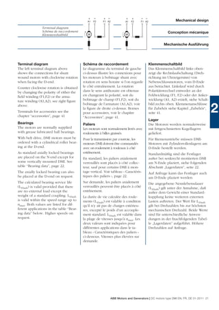 +    –     +   –             +    +     –   –
                                             A1   F2    F1 A2             A1   F2    F1 A2                     Mechanical design

                Terminal diagram
                Schéma de raccordement                                                                   Conception mécanique
                Klemmenshaltbild             M                            M


                                                                                                       Mechanische Ausführung




Terminal diagram                          Schéma de raccordement                             Klemmenschaltbild
The left terminal diagram above           Le diagramme du terminal de gauche                 Das Klemmenschaltbild links oben-
shows the connections for shunt           ci-dessus illustre les connexions pour             zeigt die Rechtslaufschaltung (Dreh-
wound motors with clockwise rotation      les moteurs à bobinage shunt avec                  richtung im Uhrzeigersinn) von
when facing the D-end.                    rotation en sens horaire si l’on regarde           Nebenschlussmotoren, vom D-Ende
Counter clockwise rotation is obtained    le côté entraînement. La rotation                  aus betrachtet. Linkslauf wird durch
by changing the polarity of either the    dans le sens antihoraire est obtenue               Polaritätswechsel entweder an der
ﬁeld winding (F1,F2) or the arma-         en changeant la polarité, soit du                  Feldwicklung (F1, F2) oder der Anker-
ture winding (A1,A2), see right ﬁgure     bobinage de champ (F1,F2), soit du                 wicklung (A1, A2) erzielt, siehe Schalt-
                                          bobinage de l’armature (A1,A2), voir               bild rechts oben. Klemmenanschlüsse
above.
Terminals for accessories see the
chapter “accessories”, page 41
                                          la ﬁgure de droite ci-dessus. Bornes
                                          pour accessoires, voir le chapitre
                                          “Accessoires”, page 41.
                                                                                             für Zubehör siehe Kapitel „Zubehör“,
                                                                                             seite 41.                                  2
                                                                                             Lager
Bearings                                  Paliers                                            Die Motoren werden normalerweise
The motors are normally supplied          Les moteurs sont normalement livrés avec           mit fettgeschmierten Kugellagern
with grease lubricated ball bearings.     roulements à billes graissés.                      geliefert.
With belt drive, DMI motors must be       Pour la transmission par courroie, les             Für Riemenantriebe müssen DMI-
ordered with a cylindrical roller bear-   moteurs DMI doivent être commandés                 Motoren mit Zylinderrollenlagern am
ing at the D-end.                         avec un roulement à rouleaux à côté                D-Ende bestellt werden.
As standard axially locked bearings       entrînement.                                       Standardmäßig sind die Festlager
are placed on the N-end except for        En standard, les paliers axialement                außer bei senkrecht montierten DMI
some vertically mounted DMI. See          verrouillés sont placés à côté collec-             am N-Ende plaziert, siehe folgenden
table “Bearing data”, page 22.            teur, sauf pour certains DMI à mon-                Abschnitt „Lagerdaten”, seite 22.
The axially locked bearing can also       tage vertical. Voir tableau « Caractéris-          Auf Anfrage kann das Festlager auch
be placed at the D-end on request.        tiques des paliers », page 22.                     am D-Ende plaziert werden.
The calculated bearing service life       Sur demande, les paliers axialement                Die angegebene Nennlebensdauer
(L10aah) is valid provided that there     verrouillés peuvent être placés à côté             (L10aah) gilt unter der Annahme, daß
are no external load except the           entrînement.                                       außer dem Gewicht einer Standard-
weight of a standard coupling. L10aah     La durée de vie calculée des roule-                kupplung keine weiteren externen
is valid within the speed range up to     ments (L10aah) est valable à condition             Lasten auftreten. Der Wert für L10aah
nmax. Both values are listed for dif-     qu’il n’y ait pas de charges extérieu-             gilt bei Drehzahlen bis zur höchsten
ferent applications in the table “Bear-   res, excepté le poids d’un accouple-               mechanischen Drehzahl. Beide Werte
ing data” below. Higher speeds on         ment standard. L10aah est valable dans             sind für unterschiedliche Anwen-
request.                                  la plage de vitesses jusqu’à nmax. Les             dungen in der fnachfolgenden Tabel-
                                          deux valeurs sont indiquées pour                   le „Lagerdaten” aufgeführt. Höhere
                                          différentes applications dans le ta-               Drehzahlen auf Anfrage.
                                          bleau « Caractéristiques des paliers »
                                          ci-dessous. Vitesses plus élevées sur
                                          demande.




                                                                ABB Motors and Generators | DC motors type DMI EN, FR, DE 01-2011 21
 