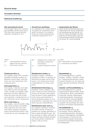 Electrical design


Conception électrique


Elektrische Ausführung




Non-symmetrical current                      Courant non symétrique                    Unsymmetrie des Stroms
Current ripple affects the commutat-         Les ondulations de courant affectent      Durch die Wechselstromkomponente
ing capability and the motor losses.         la capacité de commutation et les         (Oberwellen) des Stroms werden teils
The motor data assumes that the              pertes du moteur. Les caractéris-         die Kommutierung und teils die Ver-
maximum asymmetry is 10 %.                   ti-ques du moteur supposent que           luste des Motors beeinﬂußt. Die Kata-
                                             l’asymétrie maximum est 10 %.             logwerte des Motors gelten unter der
                                                                                       Voraussetzung, daß die Unsymmetrie
                                                                                       des Stroms 10 % nicht übersteigt.



                          I                                            ΔI
                                                                                ΔI max. 10 %
                                                                                   =
                                                                                Ia

                                                                            t


where                                        ΔI =     ondulation de courant non        wobei
ΔI =  non-symmetrical current                         symétrique émanant du            ΔI = Oberwellen vom Stromrichter
      ripple from the convertor                       convertisseur                    Ia = Nennstrom des Motors
Ia =  rated motor current                    Ia =     courant nominal du moteur




Continuous drive, n2                         Entraînement continu, n2                  Dauerbetrieb, n2
For example, pumps, fans, extruders,         Exemples: pompes, ventilateurs,           Der Drehzahlgrenzwert n2 gilt für
propellers and paper machine ap-             extrudeuses, hélices, et machines de      Pumpen-, Gebläse-, Extruder-, Propel-
plications except coilers, where the         fabrication du papier sauf les bobi-      ler-, Papiermaschinenantriebe (ausge-
motor may run continuously at the            neuses, où le moteur peut tourner         nommen Haspeln) u.ä., bei denen der
maximum speed.                               continuellement à la vitesse maxi-        Motor dauernd mit höchster Drehzahl
                                             mum.                                      läuft.
Interrupted drive, n3
For example, continuous steel mills,         Entraînement interrompu, n3               Aussetz- und Kurzzeitbetrieb, n3
wire mills, hot and cold strip mills,        Exemples: aciéries, tréﬁleries, lami-     Der Drehzahlgrenzwert n3 gilt für
coilers, machine tool spindles, brake        noirs à chaud et à froid, bobineuses,     kontinuierliche Walzenstraßen, Draht-
generators and other applications            broches de machines-outils, généra-       ziehmaschinen, Warm- und Kaltband-
where the motor may run at maxi-             teurs de freins et autres applications    walzwerke, Haspeln, Werkzeugma-
mum speed for a “production run”, or         où le moteur peut fonctionner à           schinenhauptantriebe, Bremsgenera-
for a short time, but not continuously.      vitesse maximum pendant un cycle          toren und andere Anwendungsfälle,
                                             de production, ou pendant une courte      bei denen der Motor während eines
Short cycle drive, n4                        durée mais pas continuellement.           Lastspiels oder kurzfristig, aber nicht
For example, coilers, reversible rolling                                               dauernd, mit höchster Drehzahl läuft.
mills, shears machine tool spindles,         Entraînement cycle court, n4
brake generators and crane main              Par exemple enrouleuses, laminoirs        Kurzzeitbetrieb, n4
hoist. Motor running at maximum              réversibles, broches d’outil pour         Der Drehzahlgrenzwert n4 gilt
speed and rated load/overload only           machines de coupage, génératrices à       für Haspeln, Scheren, Werkzeug-
at short time in each operating cycle.       frein et palan principal de grue. Mo-     maschinenhauptantriebe, Bremsgen-
                                             teur tournant au régime maximum et        eratoren, Fahrzeugkräne und ähnliche
                                             charge/surcharge nominale pendant         Anwendungen, bei denen der Mo-
                                             une courte période seulement de           tor bei jedem Lastspiel mit höchster
                                             chaque cycle de service.                  Drehzahl und Nennlast/Überlast/nur
                                                                                       kurzfristig läuft.

38 DC motors type DMI EN, FR, DE 01-2011 | ABB Motors and Generators
 