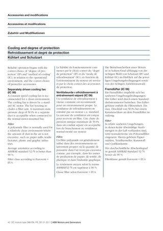 Accessories and modiﬁcations


Accessoires et modiﬁcations


Zubehör und Modiﬁkationen




Cooling and degree of protection
Refroidissement et degré de protection
Kühlart und Schutzart


Reliable operation begins with the           La ﬁabilité du fonctionnement com-         Die Betriebssicherheit eines Motors
correct choice of “degree of pro-            mence par le choix correct du “degré       ist in hohem Grad abhängig von der
tection” (IP) and “method of cooling”        de protection” (IP) et du “mode de         richtigen Wahl von Schutzart (IP) und
(IC), in relation to the operational         refroidissement” (IC), en fonction de      Kühlart (IC) im Hinblick auf die jewei-
environment, and the correct choice          l’environnement du moteur en service       ligen Umgebungsbedingungen sowie
of protective accessories.                   et par le choix correct des accessoires    von der richtigen Zubehörauswahl.
                                             de protection.
Separately driven cooling fan                                                           Fremdlüfter (IC 06)
(IC 06)                                      Ventilateurde r efroidissement à           Ein Fremdlüfter empﬁehlt sich bei
A constant speed cooling fan is rec-         entraînement séparé (IC 06)                sauberen Umgebungsbedingungen.
ommended for a clean environment.            Un ventilateur de refroidissement à        Der Lüfter wird durch einen Standard-
The cooling fan is driven by a stand-        vitesse constante est recommandé           drehstrommotor betrieben. Das Lüfter-
ard AC motor. The fan housing in-            pour un environnement propre. Le           gehäuse enthält die Filtereinheit. Ein
cludes a ﬁlter unit. A maximum static        ventilateur de refroidissement est         max. Druckfall von 50 Pa bei einem
pressure drop of 50 Pa in a separate         entraîné par un moteur c.a. standard.      Kanalanschluss an dem Fremdlüfter ist
duct is acceptable when connected to         La carcasse du ventilateur est conçue      zulässig.
the normal motor-mounted fan.                pour recevoir un ﬁltre. Une chute de
                                             pression statique maximum de 50 Pa         Filter
Filter                                       dans un conduit séparé est acceptable      In relativ sauberen Umgebungen,
A polyamide ﬁlter is normally used for       lors du branchement au ventilateur         in denen keine übermäßige Staub-
a relatively clean environment where         normal monté sur moteur.                   mengen in der Luft vorhanden sind,
the amount of dust in the air is not                                                    wird normalerweise ein Polyamidﬁlter
excessive, such as: paper mills, textile     Filtre                                     eingesetzt. Hierzu gehören Papier-
factories, plastic and graphic indus-        Un ﬁltre polyamide est généralement        mühlen, Textilhersteller, Kunststoff-
tries.                                       utilisé dans des environnements re-        und Graﬁkindustrie.
                                             lativement propres où la quantité de
Average arrestance according to                                                         Der durchschnittliche Abscheidegrad
                                             poussière dans l’air n’est pas excessive
ASHRAE-standard 52-76 is better than                                                    ist gemäß ASHRAE-Standard 52-76
                                             comme, par exemple, dans les usines
90 %.                                                                                   besser als 90 %.
                                             de production de papier, de textile, de
Filter class according to Eurovent =         plastique et dans l’industrie graphique.   Filterklasse gemäß Eurovent = EU4.
EU4.
                                             Le rendement moyen selon la norme
                                             ASHRAE52-76 est supérieur à 90 %.
                                             Classe ﬁltre selon Eurovent = EU4.




42 DC motors type DMI EN, FR, DE 01-2011 | ABB Motors and Generators
 