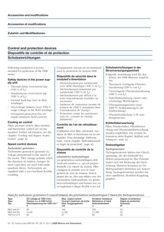 Accessories and modiﬁcations


Accessoires et modiﬁcations


Zubehör und Modiﬁkationen




Control and protection devices
Dispositifs de contrôle et de protection
Schutzeinrichtungen

Following equipment is recom-                L’équipement suivant est recommandé              Schutzeinrichtungen in der
mended for protection of the DMI             pour la protection du moteur DMI.                Stromversorgungseinheit
motor.                                                                                        Folgende Ausrüstung wird für den
                                             Dispositifs de sécurité dans le                    Schutz der DMI-Motoren empfoh-
Safety devices in the power sup-             moduled’a limentation                              len.
ply unit                                     – Déclenchement par surintensité                 – Thermisch verzögerte Überstro-
– Thermal-delay overcurrent trip               avec délai thermique (100 % de Ia)               mauslösung (100 % von Ia).
   (100 % of Ia).                            – Déclenchement instantané par
                                               surintensité (180 % de Ia)                     – Unverzögerte Überstromauslösung
– Instantaneous overcurrent trip                                                                (180 % von Ia).
   (180 % of Ia).                            – Déclenchement par défaut à la
                                               terre (enroulements humides ou                 – Erdschlußauslösung (nasse oder
– Ground fault trip (wet or dirty              encrassés)                                       schmutzige Wicklungen).
   windings).                                – Limiteurs de surtension (pointe de             – Überspannungsschutz (max.
– Overvoltage limiters (max 1000 V             tension de 1000 V maximum dans                   1000 V) Stoßspannung in der
   surge voltage in the ﬁeld winding).         l’enroulement de champ)                          Feldwicklung).
– Overspeed protection (for ex-              – Protection contre les survitesses              – Überdrehzahlschutz (z.B. min.
   ample minimum ﬁeld current).                (par ex,. courant de champ                       Erregerstrom).
                                               minimum)
Cooling air control                                                                           Kühlluftüberwachung
Filter, pressure switch, ﬁlter monitor       Contrôle de l’air de refroidisse-
                                             ment                                             Filter, Druckschalter, Filterüberwa-
and thermostat control are recom-                                                             chung und Thermostatüberwachung
mended. Further information, see the         L’utilisation d’un ﬁltre, pressostat, mo-
                                             niteur de ﬁltre et thermostat est recom-         werden empfohlen. Für weitere In-
chapter “Cooling and degree of pro-                                                           formation siehe Kapitel „Kühlart und
tection”, page 42.                           mandée. Pour davantage d’informa-
                                             tions, voir le chapitre “Refroidissement         Schutzart“, seite 42.
Speed control devices                        et degré de protection”, page 42.                Drehzahlgeber
Tachometer generator                         Dispositifs de contrôle de la                    Tachogenerator
Tachometer generators generate d.c.          vitesse                                          Tachogeneratoren liefern eine Gleich-
voltage proportional to the speed of                                                          spannung, die der Drehzahl des
                                             Génératrice tachymétrique
the motor. They change polarity when                                                          Motors proportional ist. Ihre Polarität
                                             Les génératrices tachymétriques déli-
the direction of rotation changes. In                                                         ändert sich mit Änderung der Dreh-
                                             vrent une tension c.c. qui est propor-
most cases they are used with multi-                                                          richtung. Meistens kommen sie bei
                                             tionnelle à la vitesse du moteur. Elles
quadrant drives. Tachometers are                                                              Mehrquadanten-Antrieben zur Anwen-
                                             changent de polarité avec le chan-
supplied with a zero-backlash ﬂexible                                                         dung. Tachogeneratoren werden mit
                                             gement de sens de rotation. Dans la
coupling.                                                                                     einer spielfreien, ﬂexiblen Kupplung
                                             plupart des cas, elles sont utilisées avec des
                                             transmissions multi-quadrants. Les généra-       geliefert.
                                             trices tachymétriques sont fournies avec un
                                             accouplement à disque ﬂexible et jeu nul.


Data for tachometer generators / Caractéristiques des génératrices tachymétriques / Daten für Tachogeneratoren
Type             DC voltage at 1000 r/min         Max. output current            Armature resistance      Degree of protection
Type             Tension c.c. à 1000 tr/min       Courant maximum de sortie      Résistance d’induit      Degré de protection
Typ              Gleichspannung bei 1000 min-1    Max. Ausgangsstrom             Ankerwiderstand          Schutzart
                 V                                mA                             Ω                        IP
REO 444 R1       60                               180                            100                      54
REO 442 R2       2 x 60                           2 x 90                         2 x 200                  54
TDP 0,2 LT-4     60                               67                             80                       55


52 DC motors type DMI EN, FR, DE 01-2011 | ABB Motors and Generators
 