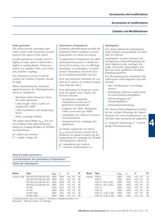 Accessories and modiﬁcations


                                                                                                  Accessoires et modiﬁcations


                                                                                                   Zubehör und Modiﬁkationen




Pulse generator                                 Générateur d’impulsions                     Impulsgeber
The photo-electric transmitter gen-             L’émetteur photoélectrique produit des      Der photo-elektrische Impulsgeber
erates pulses with a frequency propor-          impulsions dont la fréquence est pro-       liefert Impulse proportional zur Dreh-
tional to the speed of the motor.               portionnelle à la vitesse du moteur.        zahl des Motors.
A pulse generator is mostly used for            Un générateur d’impulsions est utilisé      Impulsgeber werden meistens bei
highly accurate speed control with a            principalement pour le contrôle très        hochgenauer Drehzahlregelung mit
digital or analog display. Pulse-gen-           précis de la vitesse avec un afﬁchage       einer digitalen oder analogen An-
                                                                                            zeige verwendet. Impulsgeber wer-
erators are supplied with a zero back-          numérique ou analogique. Les géné-
                                                                                            den mit einer spielfreien, ﬂexiblen
lash, ﬂexible coupling.                         rateurs d’impulsion sont livrés avec        Kupplung geliefert.
For maximum accuracy in speed                   un accouplement ﬂexible sans jeu.
                                                                                            Zur Bestimmung der maximalen Sig-
control, the number of pulses should            Pour une précision maximale du con-         nalfrequenz muß folgendes beachtet
be high.                                        trôle de la vitesse, le nombre d’impul-     werden:
When determining the maximum                    sions doit être élevé.                      – Max. Pulsfrequenz vom Pulsge-
signal frequency the following factors                                                         nerator
                                                Pour déterminer la fréquence maxi-
must be considered:                             male du signal, tenir compte des            – Kabellänge (Hinweis: Kabel nicht
                                                facteurs suivants :                            im Lieferumfang inbegriffen)
– Maximum pulse frequency from
                                                – la fréquence maximale                     – Kabelverlegung und
  the pulse generator
                                                   d’impulsions émise par le                   Dämpfungsfaktor
– Cable length. (Note: Cable not                   générateur d’impulsions                  – Pulsrechnereinrichtung
  supplied by ABB)
                                                – Longueur de câble. (Remarque:             Die oberen Drehzahlgrenzen (nmax)
– Cable installation and dampening                 Câble non fourni par ABB)
  factor                                                                                    für die richtige Erfassung der Signal-
                                                – l’installation du câble et le facteur     frequenz bei einer Pulsfrequenz von
– Pulse counting facilities                        d’amortissement                          100 kHz sind nachstehend aufgeführt.
The upper speed limits (nmax) for cor-
rect reading of the signal frequency,
based on counting facilities of 100 kHz,
                                                – l’équipement de comptage des
                                                   impulsions
                                                Les limites supérieures de vitesse
                                                                                            p = Impuls/Umdrehung, U = Versor-
                                                                                            gungs-Gleichspannung                         4
are listed below.
                                                (nmax) pour la lecture correcte de la
ρ = pulses per rotation,                        fréquence du signal et basées sur des
U = supply voltage DC.                          équipements de comptage de 100 kHz
                                                sont indiquées ci-dessous.
                                                ρ = impulsions par rotation,
                                                U = tension d’alimentation c.c.

Data for pulse generators
Caractéristiques des générateurs d’impulsions
Daten für Impulsgeber


Brand         Type                       nmax   ρ      U          IP      Brand   Type                  nmax     ρ       U          IP
Leine & Linde RSI 593 PPS (Old RS 522)   2900   2048   HTL, TTL   66      Hübner POG 9                  5859     1024    HTL, TTL   55
              RSI 593 PPS (Old RS 522)   5800   1024   HTL, TTL   66             POG 9                  2930     2048    HTL, TTL   55
              RSI 593 CLS (Old RS 521)   2900   2048   HTL, TTL   66             POG 9 + FSL or ESL     5859     1024    HTL, TTL   55
              RSI 593 CLS (Old RS 521)   5800   1024   HTL, TTL   66             POG 9 + FSL or ESL     2930     2048    HTL, TTL   55
              XH 861                     5800   1024   HTL, TTL   65             POG 10                 5859     1024    HTL, TTL   66
              XH 861                     2900   2048   HTL, TTL   65             POG 10                 2930     2048    HTL, TTL   66
              XH 861 ADS                 5800   1024   HTL, TTL   65             POG 10 + FSL or ESL    5859     1024    HTL, TTL   66
              XH 861 ADS                 2900   2048   HTL, TTL   65             POG 10 + FSL or ESL    5859     1024    HTL, TTL   66
Complementary data on request / Données complémentaires sur
demande / Weitere Daten auf Anfrage



                                                                  ABB Motors and Generators | DC motors type DMI EN, FR, DE 01-2011 53
 