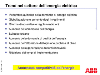 Trend nel settore dell’energia elettrica Inesorabile aumento della domanda di energia elettrica Globalizzazione e aumento degli investimenti Riforma di normative e regolamentazioni Aumento del commercio dell'energia Sviluppo urbano Aumento della domanda di qualità dell’energia Aumento dell’attenzione dell’opinione pubblica al clima Aumento della generazione da fonti rinnovabili Riduzione dei tempi di implementazione Aumentata competitività dell'energia  