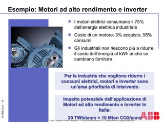 Esempio: Motori ad alto rendimento e inverter Per le industrie che vogliono ridurre i consumi elettrici, motori e inverter sono un’area prioritaria di intervento I motori elettrici consumano il 75% dell’energia elettrica industriale Costo di un motore: 3% acquisto, 95% consumi Gli industriali non riescono più a ridurre il costo dell’energia al kWh anche se cambiano fornitore Impatto potenziale dall’applicazione di Motori ad alto rendimento e inverter in Italia: 20 TWh/anno = 10 Mton CO2/anno Fonte: “Energia e Politica Energetica”, A. Clerici (Past President AEIT), L’Energia Elettrica, maggio-giugno 2007 