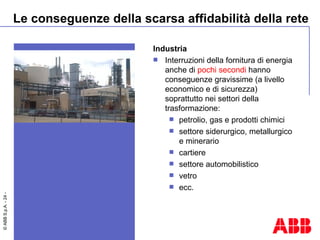Industria Interruzioni della fornitura di energia anche di  pochi secondi  hanno conseguenze gravissime (a livello economico e di sicurezza) soprattutto nei settori della trasformazione: petrolio, gas e prodotti chimici settore siderurgico, metallurgico e minerario cartiere settore automobilistico vetro ecc. Le conseguenze della scarsa affidabilità della rete 