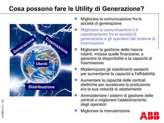 Cosa possono fare le Utility di Generazione? Migliorare la comunicazione fra le società di generazione  Migliorare la comunicazione e il coordinamento fra le società di generazione e gli operatori del sistema di trasmissione Migliorare la gestione delle riserve rotanti, incluse quelle finanziarie, e garantire la disponibilità e la capacità di trasmissione  Modernizzare gli stabilimenti esistenti per aumentarne la capacità e l'affidabilità Aumentare la capacità delle centrali elettriche per accelerare la produzione e/o la sua velocità di adattamento Ammodernare i sistemi di gestione delle centrali e migliorare l'addestramento degli operatori Migliorare la manutenzione Utenti Distribuzione Generazione Trasmissione 