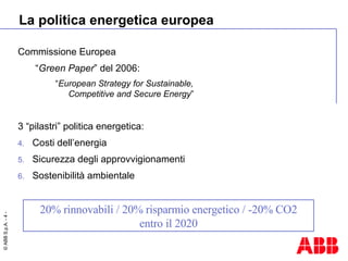 La politica energetica europea Commissione Europea  “ Green Paper ” del 2006: “ European Strategy for Sustainable,  Competitive and Secure Energy ”  3 “pilastri” politica energetica: Costi dell’energia  Sicurezza degli approvvigionamenti Sostenibilità ambientale 20% rinnovabili / 20% risparmio energetico / -20% CO2 entro il 2020 