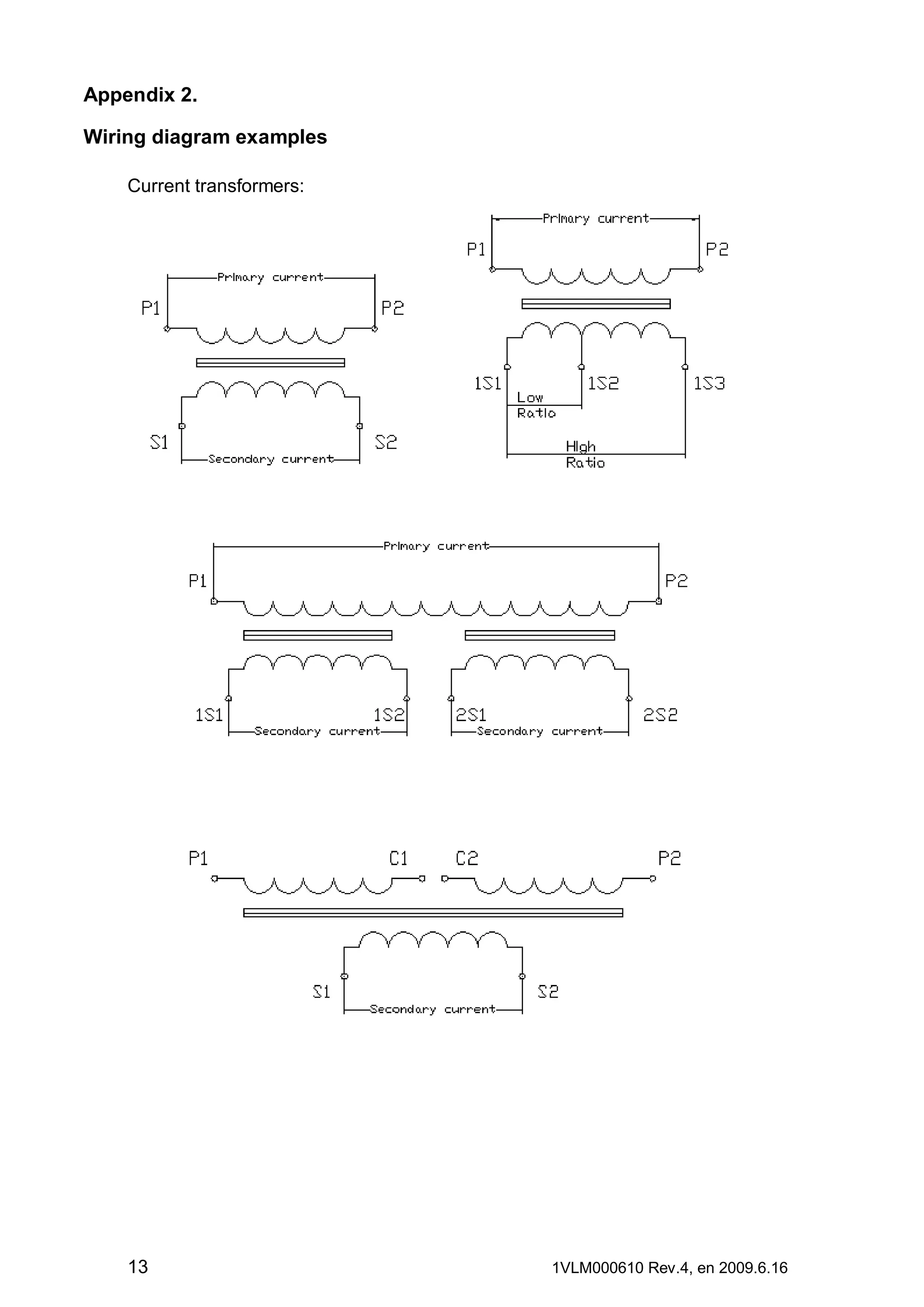 Appendix 2.
Wiring diagram examples
Current transformers:

13

1VLM000610 Rev.4, en 2009.6.16

 