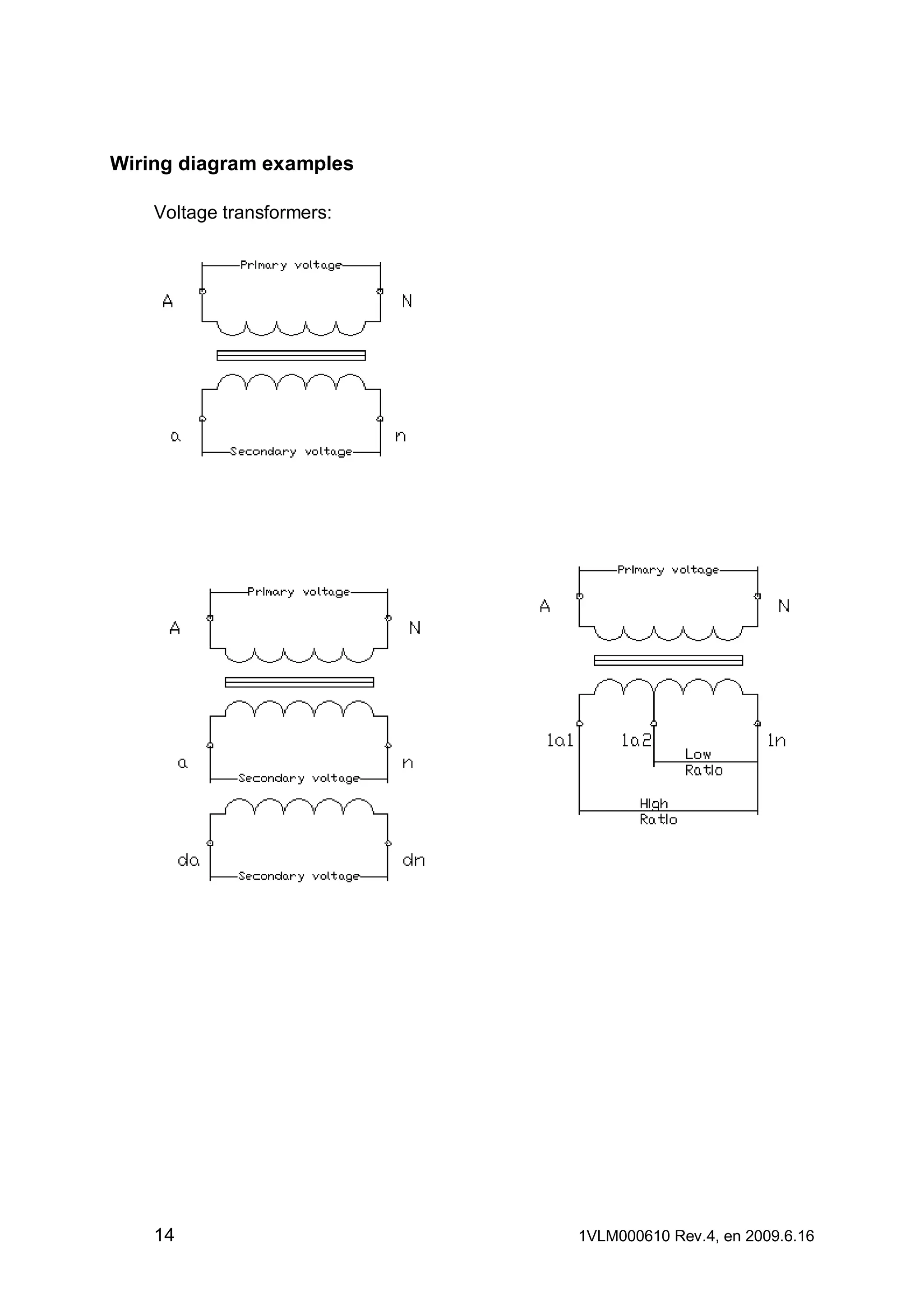 Wiring diagram examples
Voltage transformers:

14

1VLM000610 Rev.4, en 2009.6.16

 