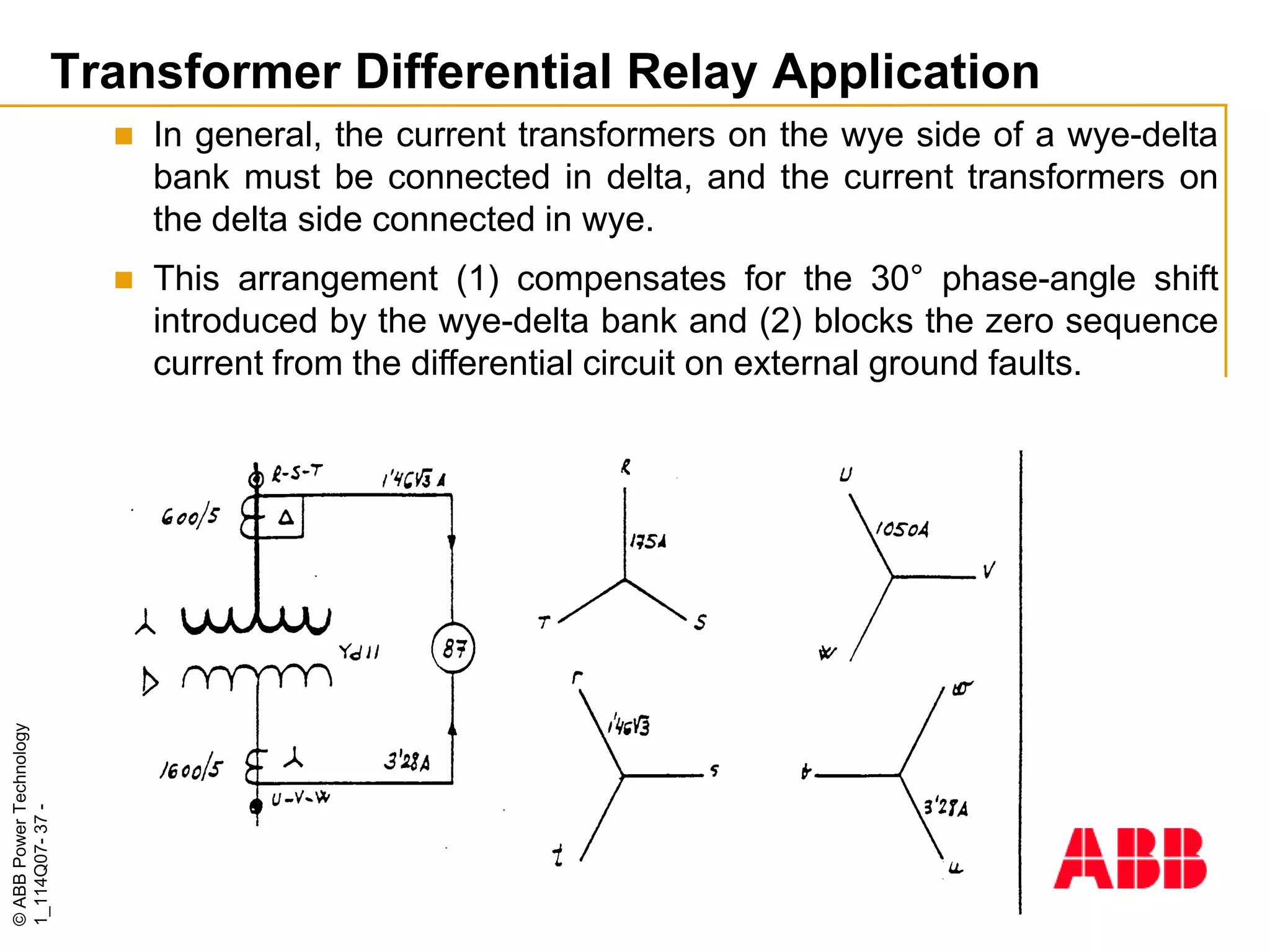 Transformer Differential Relay Application
                            In general, the current transformers on the wye side of a wye-delta
                             bank must be connected in delta, and the current transformers on
                             the delta side connected in wye.
                            This arrangement (1) compensates for the 30° phase-angle shift
                             introduced by the wye-delta bank and (2) blocks the zero sequence
                             current from the differential circuit on external ground faults.
© ABB Power Technology
1_114Q07- 37 -
 