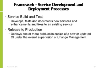November 24, 2015 37
Framework - Service Development and
Deployment Processes
• Service Build and Test
− Develops, tests and documents new services and
enhancements and fixes to an existing service
• Release to Production
− Deploys one or more production copies of a new or updated
CI under the overall supervision of Change Management
 