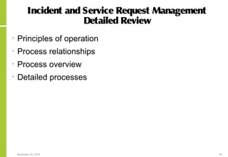November 24, 2015 44
Incident and Service Request Management
Detailed Review
• Principles of operation
• Process relationships
• Process overview
• Detailed processes
 