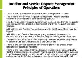 November 24, 2015 45
Incident and Service Request Management
Principles of Operations
• There is one Incident and Service Request Management process
• The Incident and Service Request Management Process provides
customers with one single point of contact (SPOC)
• First Level Support maintains ownership of Incidents and Service Requests
until the Customer agrees that the Incident or Service Request has been
resolved
• All Incidents and Service Requests received by the Service Desk must be
logged
• All Incident and Service Request progress and resolutions must be
documented in the Incident and Service Request Management database
• Timely and accurate information regarding known or expected degradation
of service must be made available to the Customers
• There is one defined escalation and transfer process to ensure timely
resolution of escalated incidents
• There is one Incident and Service Request Management Process Quality
Control process in place continually monitoring and measuring the success
in achieving our quality targets, identifying potential process improvements,
and committed to defining training opportunities for developing IT staff
 