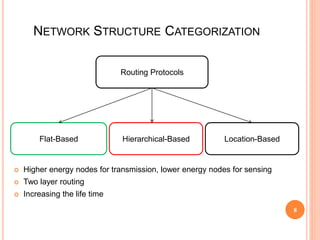 8
NETWORK STRUCTURE CATEGORIZATION
8
Routing Protocols
Flat-Based Hierarchical-Based Location-Based
 Higher energy nodes for transmission, lower energy nodes for sensing
 Two layer routing
 Increasing the life time
 