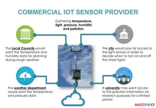 The city would pay for access to
the light sensors in order to
decide when to turn on and off
the street lights
Gathering temperature,
light, pressure, humidity
and pollution.
COMMERCIAL IOT SENSOR PROVIDER
A university may want access
to the pollution information for
research purposes for a limited
period
The weather department
would want the temperature
and pressure data
The Local Councils would
want the temperature and
humidity data for planning
during rough weather
 
