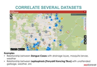 CORRELATE SEVERAL DATASETS
Examples
• Relationship between Dengue Cases with drainage issues, mosquito larvae,
weather
• Relationship between Leptospirosis (Penyakit Kencing Tikus) with unattended
garbage, weather, etc
 