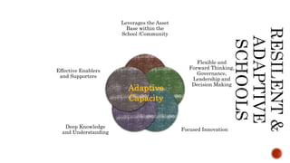 Supports
and
Enablers
Leverages the Asset
Base within the
School /Community
Flexible and
Forward Thinking,
Governance,
Leadership and
Decision Making
Focused Innovation
Deep Knowledge
and Understanding
Effective Enablers
and Supporters
Adaptive
Capacity
 