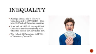  Average annual pay of top 1% of
Canadians is $454,800 (2013) – they
take 10.6% of all Canadian earnings
 If we look at 2005-12, the top 10% of
Canadians saw income rise by 42%
while the bottom 10% saw it fall 15%
 The richest 60 Canadians hold 70%
of the country’s wealth.
 