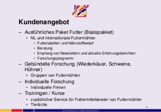 6
Kundenangebot
– Ausführliches Paket Futter (Basispakket)
• NL und internationale Futtermühlen
• Futtertabellen und Nährstoffbedarf
• Beratung
• Empfang von Newslettern und aktuelle Erfahrungsberichten
• Forschungsprogramm
– Gebündelte Forschung (Wiederkäuer, Schweine,
Hühner)
• Gruppen von Futtermühlen
– Individuelle Forschung
• Individuelle Firmen
– Trainingen / Kurse
• zusätzlicher Service für Futtermittelberater von Futtermühlen
• Tierärzte
 