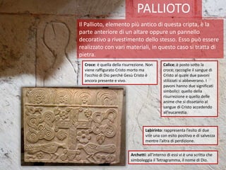 PALLIOTO
Il Pallioto, elemento più antico di questa cripta, è la
parte anteriore di un altare oppure un pannello
decorativo a rivestimento dello stesso. Esso può essere
realizzato con vari materiali, in questo caso si tratta di
pietra.
Croce: è quella della risurrezione. Non
viene raffigurato Cristo morto ma
l’occhio di Dio perché Gesù Cristo è
ancora presente e vivo.
Calice: è posto sotto la
croce; raccoglie il sangue di
Cristo al quale due pavoni
stilizzati si abbeverano. I
pavoni hanno due significati
simbolici: quello della
risurrezione e quello delle
anime che si dissetano al
sangue di Cristo accedendo
all’eucarestia.
Labirinto: rappresenta l’esito di due
vite una con esito positivo e di salvezza
mentre l’altra di perdizione.
Archetti: all’interno di essi vi è una scritta che
simboleggia il Tetragramma, il nome di Dio.
 