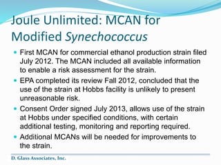 Joule Unlimited: MCAN for
Modified Synechococcus
 First MCAN for commercial ethanol production strain filed
July 2012. Th...