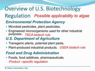 Overview of U.S. Biotechnology
Regulation
Environmental Protection Agency
 Microbial pesticides, plant pesticides.
 Engi...