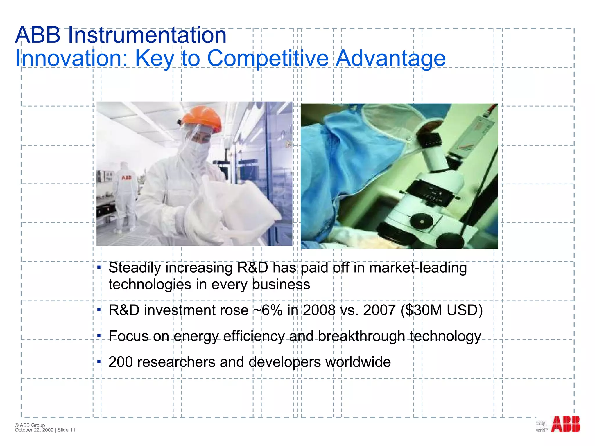 ABB Instrumentation Innovation: Key to Competitive Advantage Steadily increasing R&D has paid off in market-leading technologies in every business R&D investment rose ~6% in 2008 vs. 2007 ($30M USD) Focus on energy efficiency and breakthrough technology 200 researchers and developers worldwide 