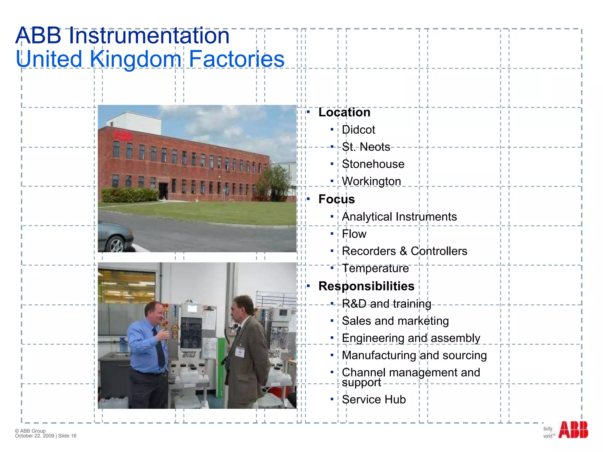 ABB Instrumentation United Kingdom Factories Location Didcot St. Neots Stonehouse Workington Focus Analytical Instruments Flow Recorders & Controllers Temperature Responsibilities R&D and training Sales and marketing Engineering and assembly Manufacturing and sourcing Channel management and support Service Hub 