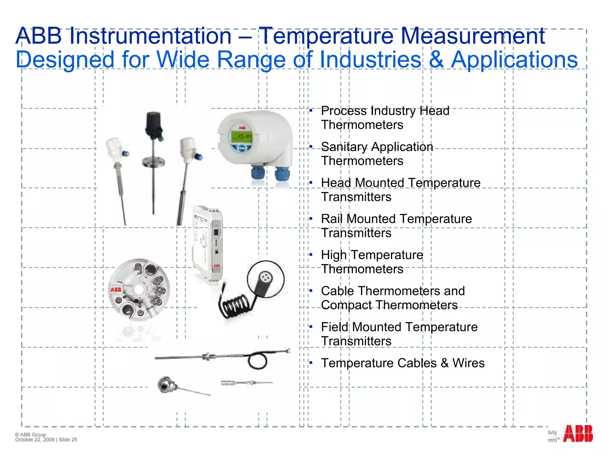 ABB Instrumentation – Temperature Measurement Designed for Wide Range of Industries & Applications Process Industry Head Thermometers  Sanitary Application Thermometers  Head Mounted Temperature Transmitters  Rail Mounted Temperature Transmitters  High Temperature Thermometers  Cable Thermometers and Compact Thermometers  Field Mounted Temperature Transmitters  Temperature Cables & Wires  