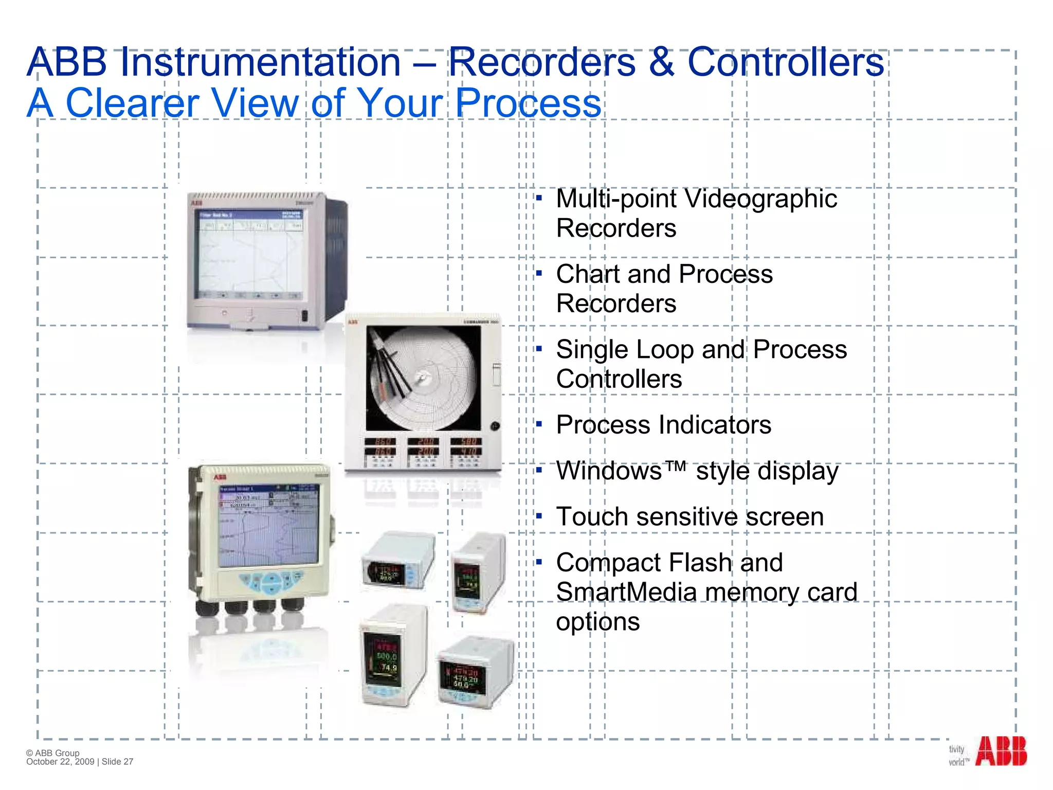 ABB Instrumentation – Recorders & Controllers A Clearer View of Your Process Multi-point Videographic Recorders Chart and Process Recorders Single Loop and Process Controllers Process Indicators Windows™ style display Touch sensitive screen Compact Flash and SmartMedia memory card options 
