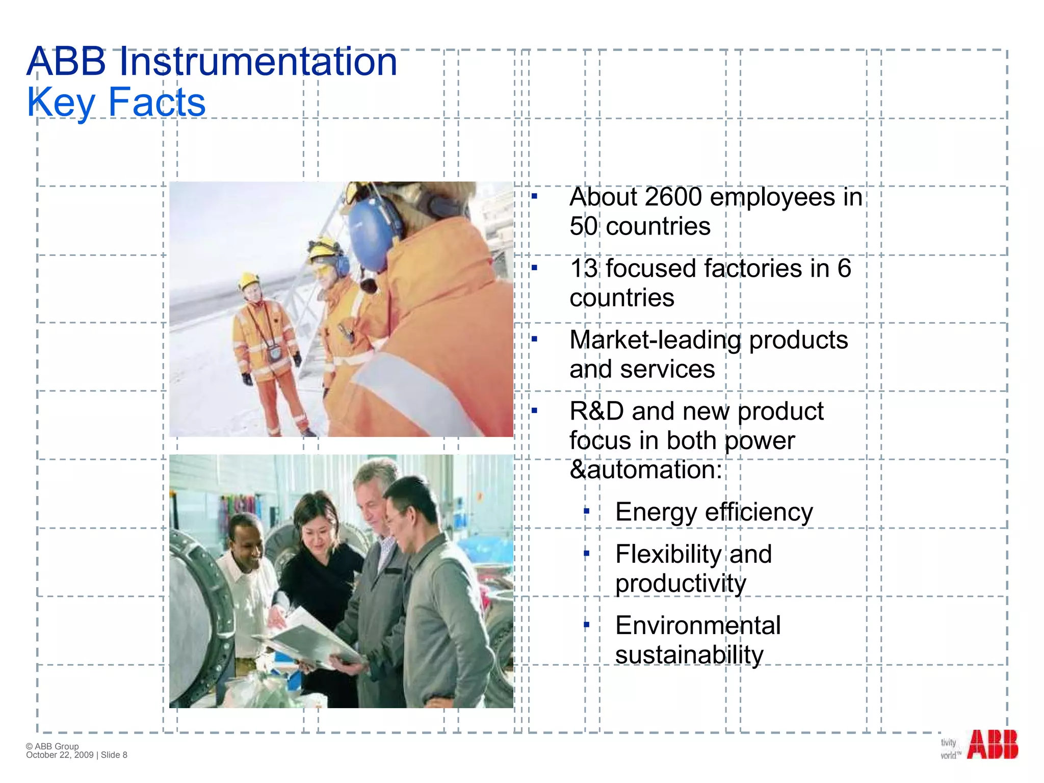 ABB Instrumentation Key Facts About 2600 employees in 50 countries 13 focused factories in 6 countries Market-leading products and services R&D and new product focus in both power &automation:  Energy efficiency  Flexibility and productivity Environmental sustainability 