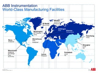 ABB Instrumentation World-Class Manufacturing Facilities Reno Analytical  Warminster Analytical  DP Wedge  Flow Act & Pos Faridabad   Local VA Shanghai   Local  VA Stonehouse Flow Analytical   St Neots Rec & Con  Lenno Pressure Alzenau Temperature Göttingen Flow Minden Act & Pos Pressure   Workington DP Pressure Temp Tianchang   Temp 
