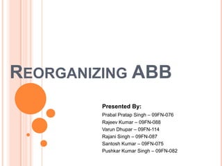 Reorganizing ABB 			Presented By: PrabalPratap Singh – 09FN-076 		  	Rajeev Kumar – 09FN-088 VarunDhupar – 09FN-114 Rajani Singh – 09FN-087 Santosh Kumar – 09FN-075 Pushkar Kumar Singh – 09FN-082 