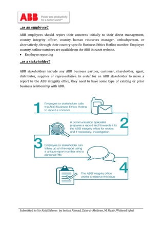 Submitted to Sir Abid Saleem by Imtiaz Ahmad, Zain-ul-Abideen, M. Uzair, Waheed Iqbal
..as an employee?
ABB employees should report their concerns initially to their direct management,
country integrity officer, country human resources manager, ombudsperson, or
alternatively, through their country specific Business Ethics Hotline number. Employee
country hotline numbers are available on the ABB intranet website.
 Employee reporting
..as a stakeholder?
ABB stakeholders include any ABB business partner, customer, shareholder, agent,
distributor, supplier or representative. In order for an ABB stakeholder to make a
report to the ABB integrity office, they need to have some type of existing or prior
business relationship with ABB.
 