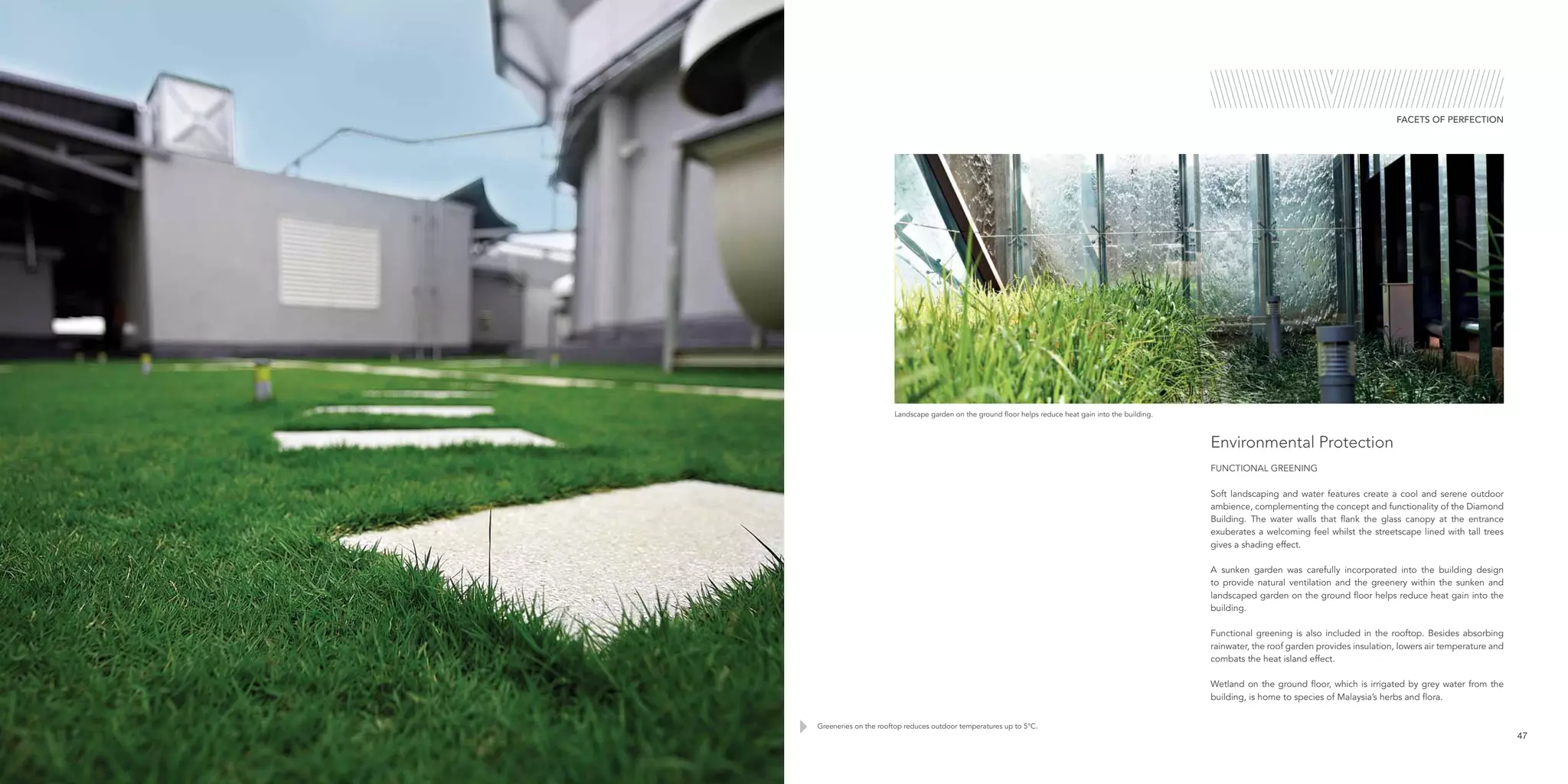 FACETS OF PERFECTION
Greeneries on the rooftop reduces outdoor temperatures up to 5°C.
47
FUNCTIONAL GREENING
Soft landscaping and water features create a cool and serene outdoor
ambience, complementing the concept and functionality of the Diamond
Building. The water walls that flank the glass canopy at the entrance
exuberates a welcoming feel whilst the streetscape lined with tall trees
gives a shading effect.
A sunken garden was carefully incorporated into the building design
to provide natural ventilation and the greenery within the sunken and
landscaped garden on the ground floor helps reduce heat gain into the
building.
Functional greening is also included in the rooftop. Besides absorbing
rainwater, the roof garden provides insulation, lowers air temperature and
combats the heat island effect.
Wetland on the ground floor, which is irrigated by grey water from the
building, is home to species of Malaysia’s herbs and flora.
Environmental Protection
Landscape garden on the ground floor helps reduce heat gain into the building.
 