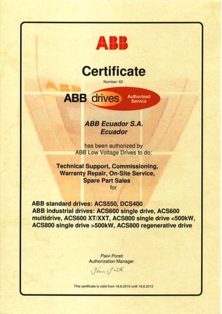 ABB drives Authorized Service Certificate 2010-2012